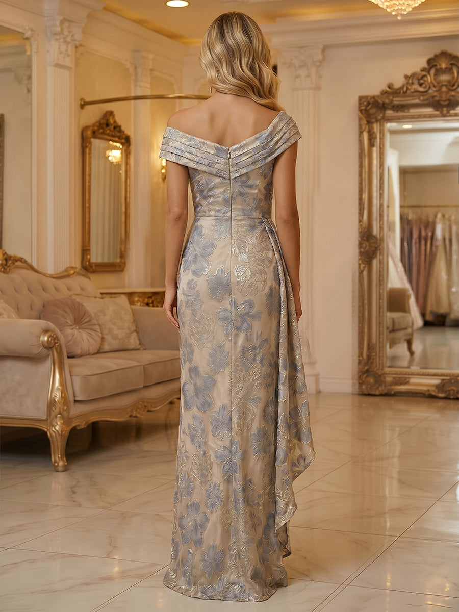 Jacquard Sheath/Column Off Shoulder Floor-Length Formal Dresses Ruffles