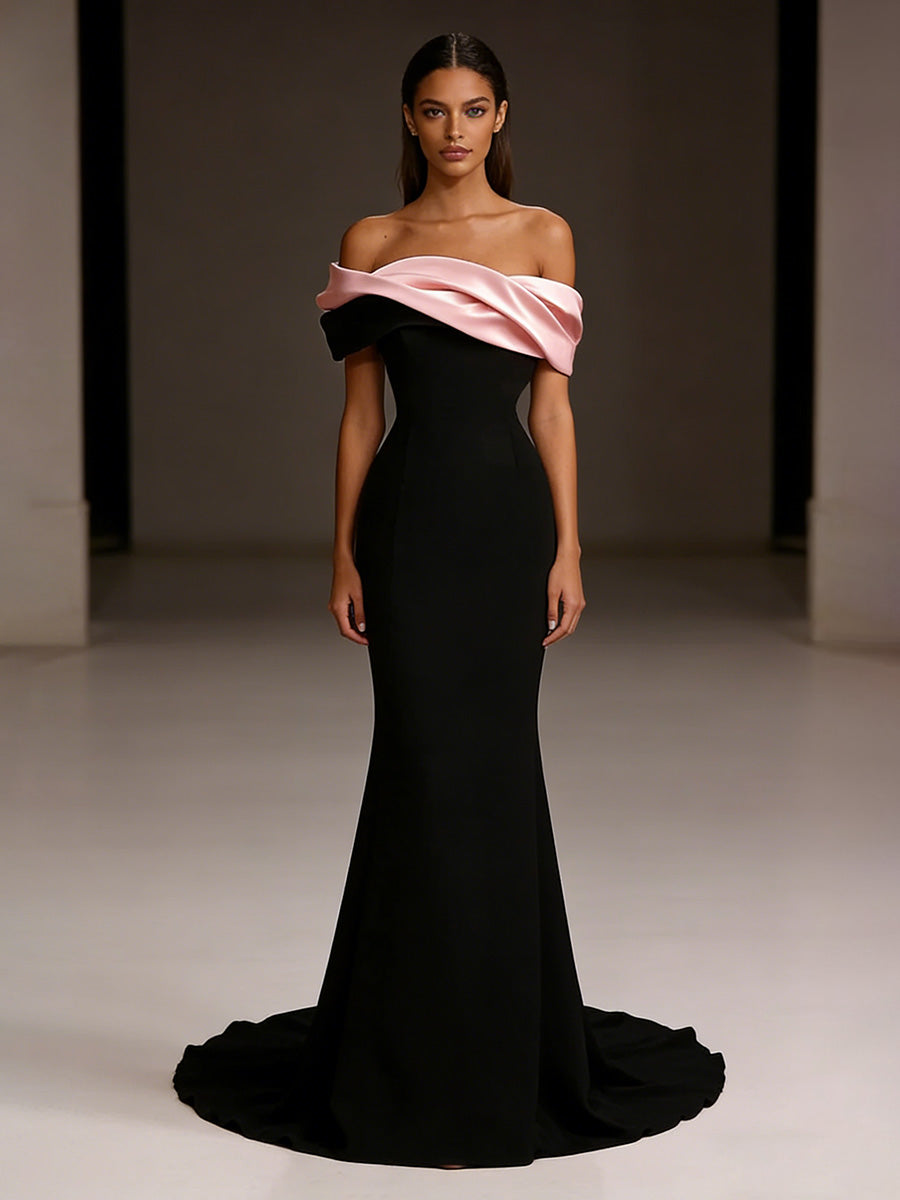 Satin Mermaid/Trumpet Off Shoulder Floor-Length Formal Dresses with Chic Colorblock Detail