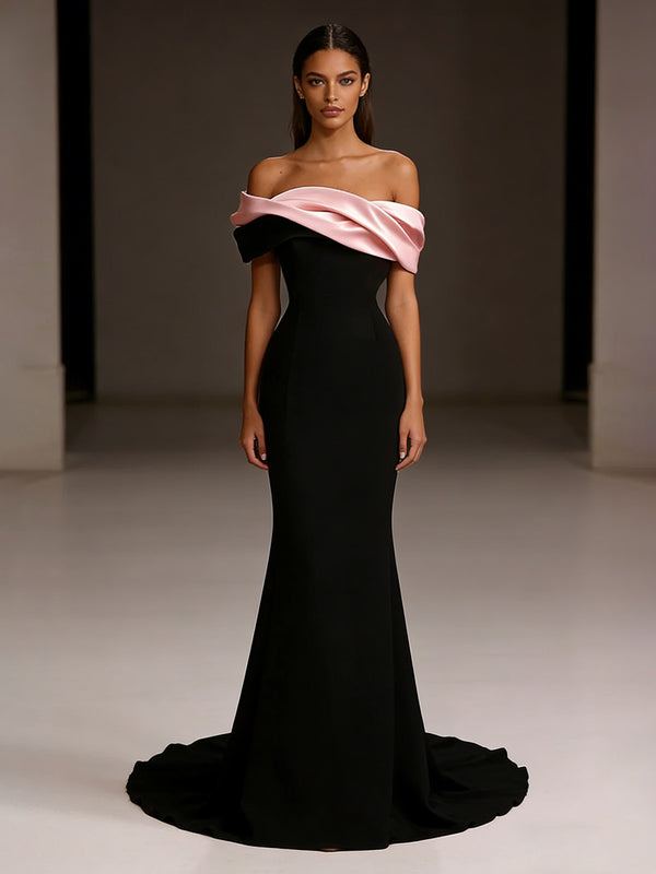 Satin Mermaid/Trumpet Off Shoulder Floor-Length Formal Dresses with Chic Colorblock Detail