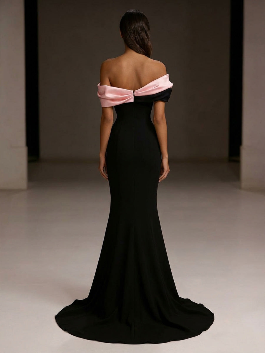 Satin Mermaid/Trumpet Off Shoulder Floor-Length Formal Dresses with Chic Colorblock Detail