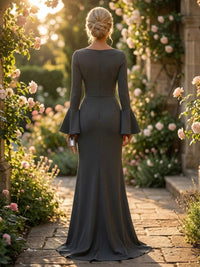 Stretch Jersey Sheath/Column V-Neck Floor-Length Formal Dresses with Ruched Waist & Slit