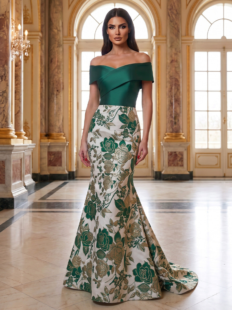 Jacquard Mermaid/Trumpet Off Shoulder Maxi Formal Dresses with Satin Bodice
