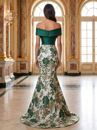 Jacquard Mermaid/Trumpet Off Shoulder Maxi Formal Dresses with Satin Bodice
