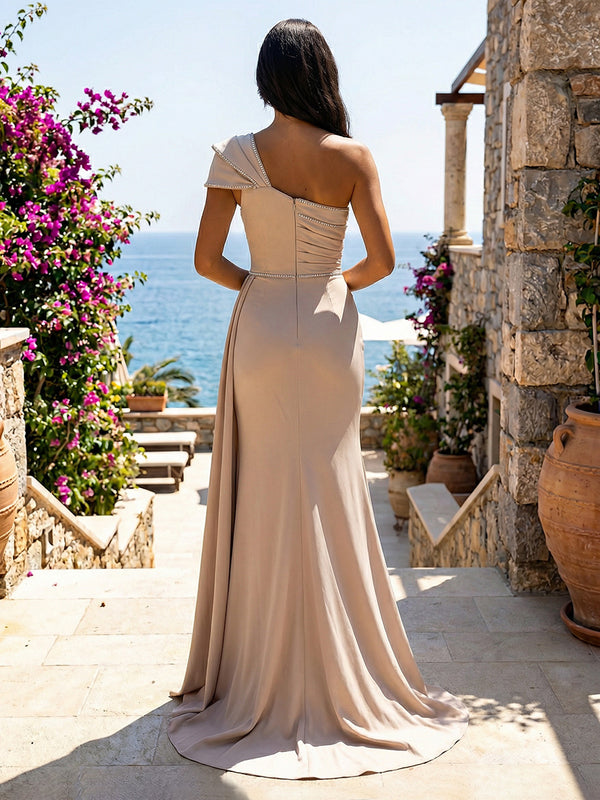 Satin Sheath/Column One Shoulder Maxi Formal Dresses with Ruched Waist & Slit