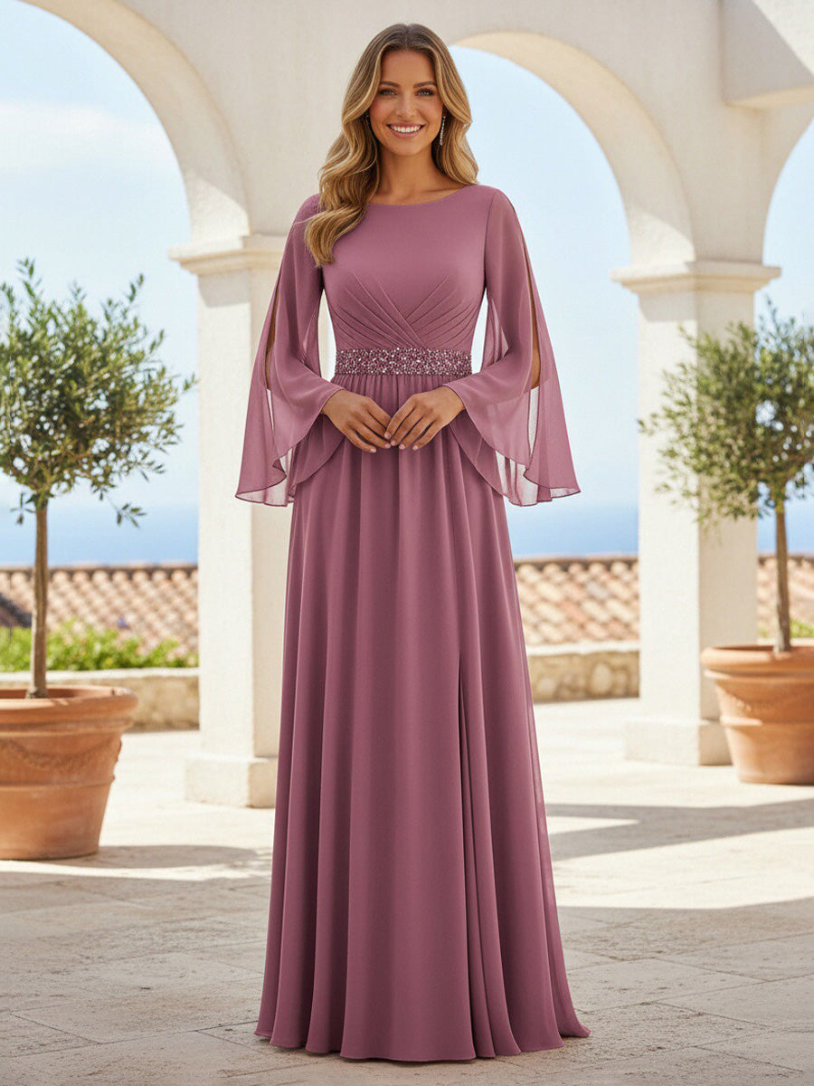 Chiffon A-Line/Princess Scoop Neck Maxi Formal Dresses with Pleats