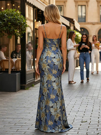 Jacquard Sheath/Column Spaghetti Straps Floor-Length Formal Dresses with Slit