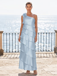 Satin Sheath/Column One Shoulder Maxi Formal Dresses with Tiered Layers