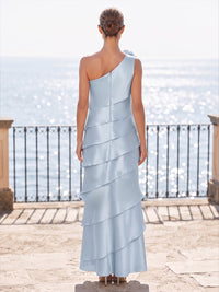 Satin Sheath/Column One Shoulder Maxi Formal Dresses with Tiered Layers