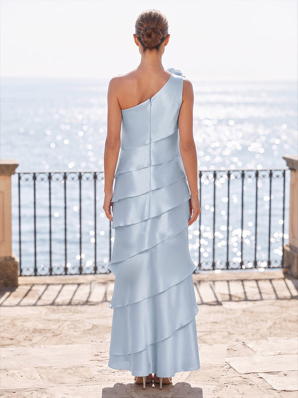 Satin Sheath/Column One Shoulder Maxi Formal Dresses with Tiered Layers