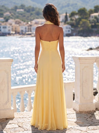 Chiffon A-Line/Princess Halter Maxi Formal Dresses with Pleats & Slit