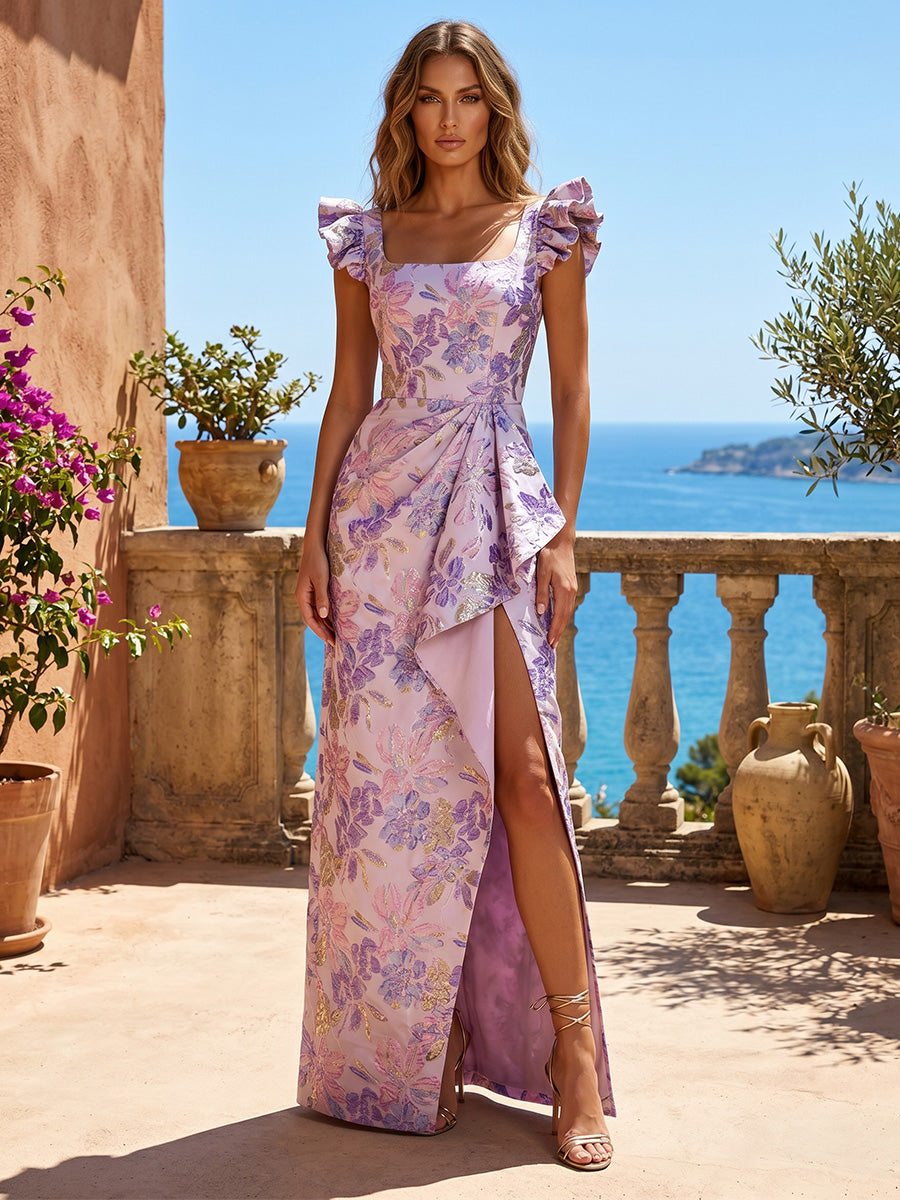 Jacquard Sheath/Column Square Neck Maxi Formal Dresses with Ruffles & Slit