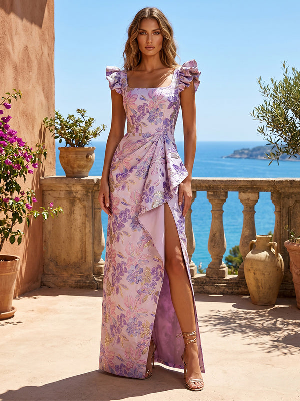 Jacquard Sheath/Column Square Neck Maxi Formal Dresses with Ruffles & Slit