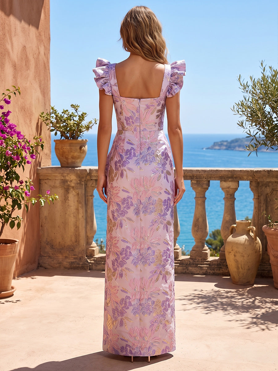 Jacquard Sheath/Column Square Neck Maxi Formal Dresses with Ruffles & Slit