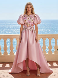 Satin A-Line/Princess Scoop Neck High-Low Formal Dresses with Floral Embroidery & Pleats