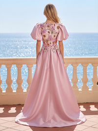 Satin A-Line/Princess Scoop Neck High-Low Formal Dresses with Floral Embroidery & Pleats
