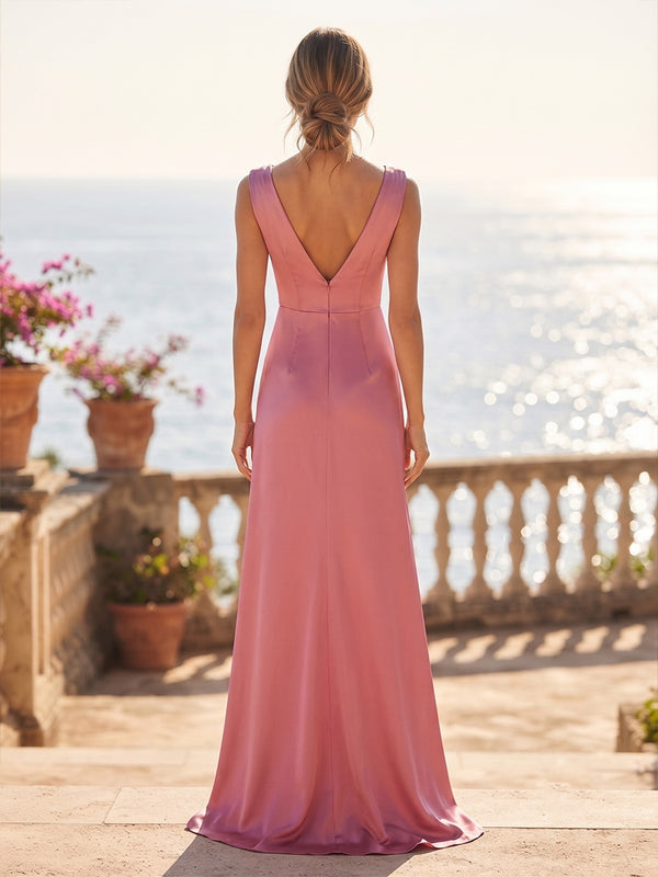 Satin Sheath/Column Cowl Neck Maxi Formal Dresses with Ruched Waist