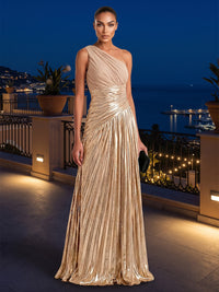 Metallic Satin A-Line/Princess One Shoulder Maxi Formal Dresses with Pleats