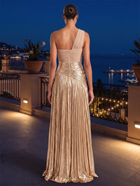 Metallic Satin A-Line/Princess One Shoulder Maxi Formal Dresses with Pleats