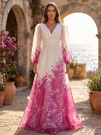Floral Print A-Line/Princess V-Neck Maxi Formal Dresses for Women
