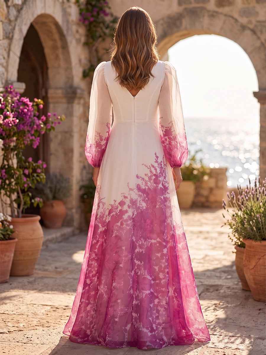 Floral Print A-Line/Princess V-Neck Maxi Formal Dresses for Women