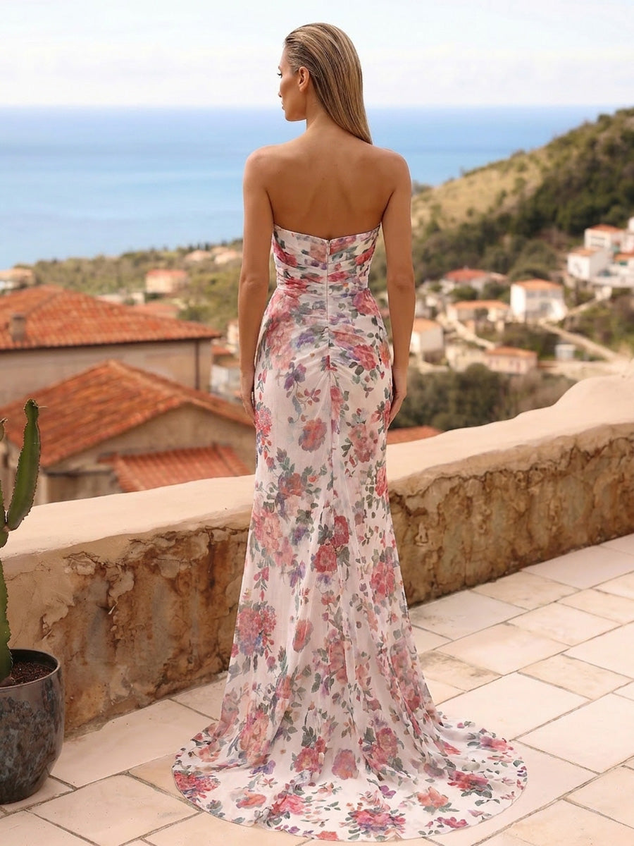 Floral Print Sheath/Column Strapless Maxi Formal Dresses with Ruched Waist & Slit