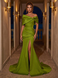 Satin Mermaid/Trumpet Off Shoulder Maxi Formal Dresses with Ruched Waist & Slit