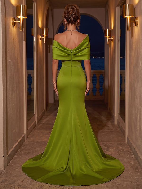 Satin Mermaid/Trumpet Off Shoulder Maxi Formal Dresses with Ruched Waist & Slit