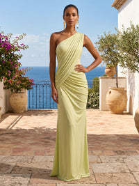 Chiffon Sheath/Column One Shoulder Maxi Formal Dresses with Ruched Waist