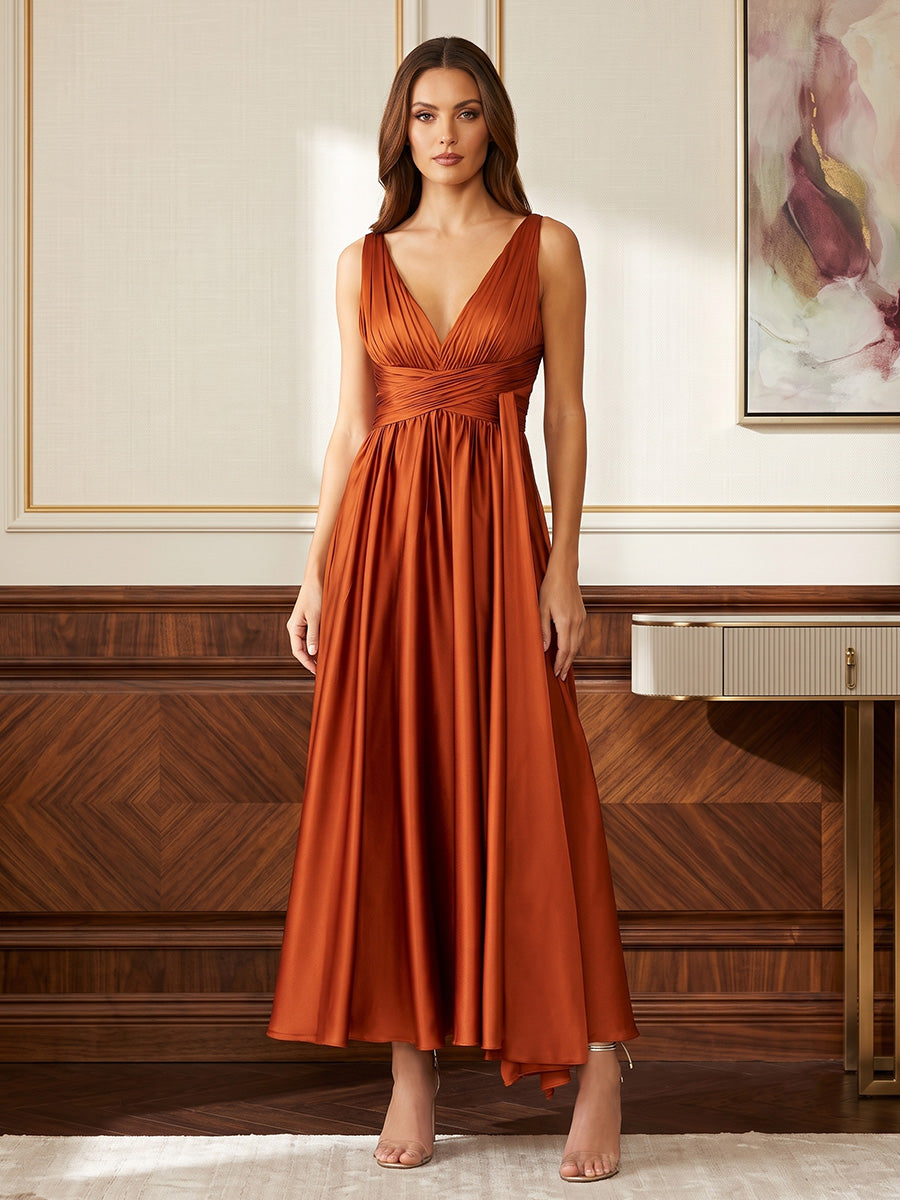 Satin A-Line/Princess V-Neck Tea-Length Formal Dresses with Pleats