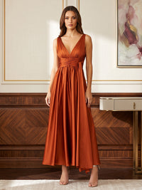 Satin A-Line/Princess V-Neck Tea-Length Formal Dresses with Pleats