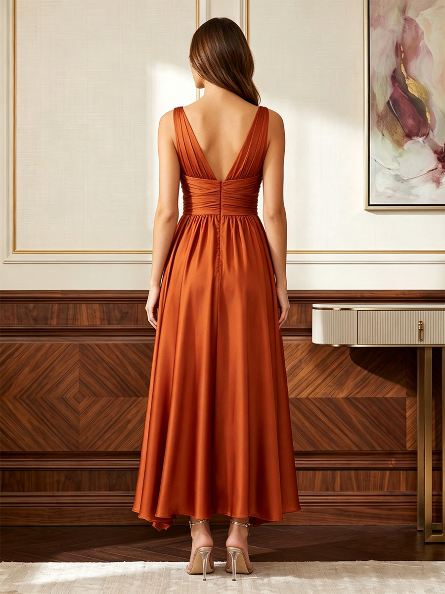 Satin A-Line/Princess V-Neck Tea-Length Formal Dresses with Pleats