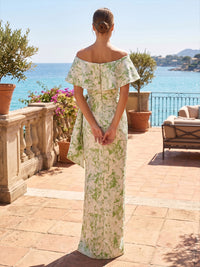 Jacquard Sheath/Column Off Shoulder Maxi Formal Dresses with Ruffles & Slit