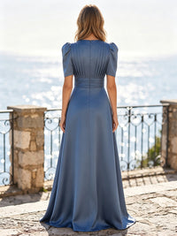 Satin A-Line/Princess Scoop Neck Floor-Length Formal Dresses with Ruched Bodice