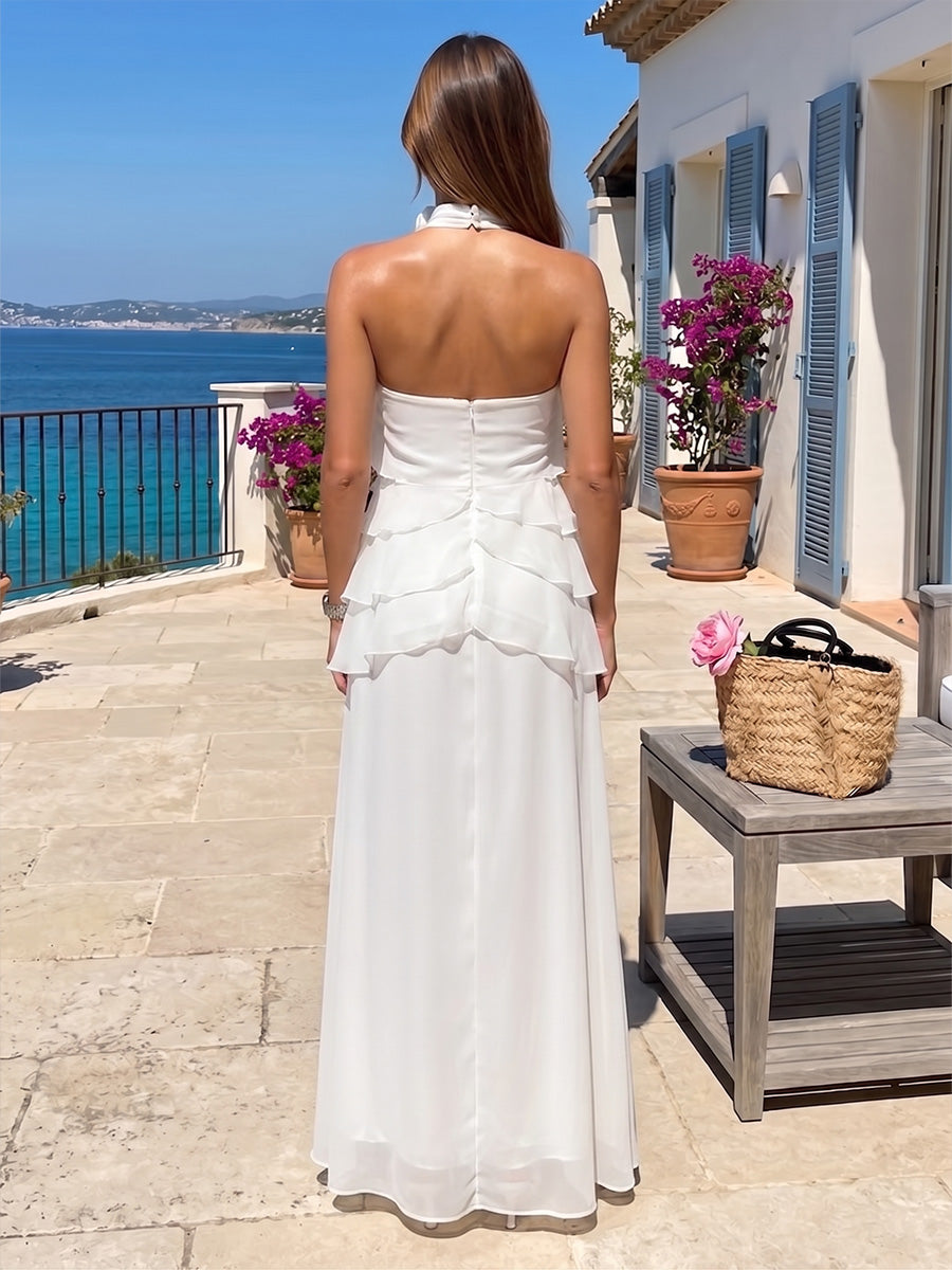 Chiffon A-Line/Princess Halter Floor-Length Formal Dresses with Ruffles