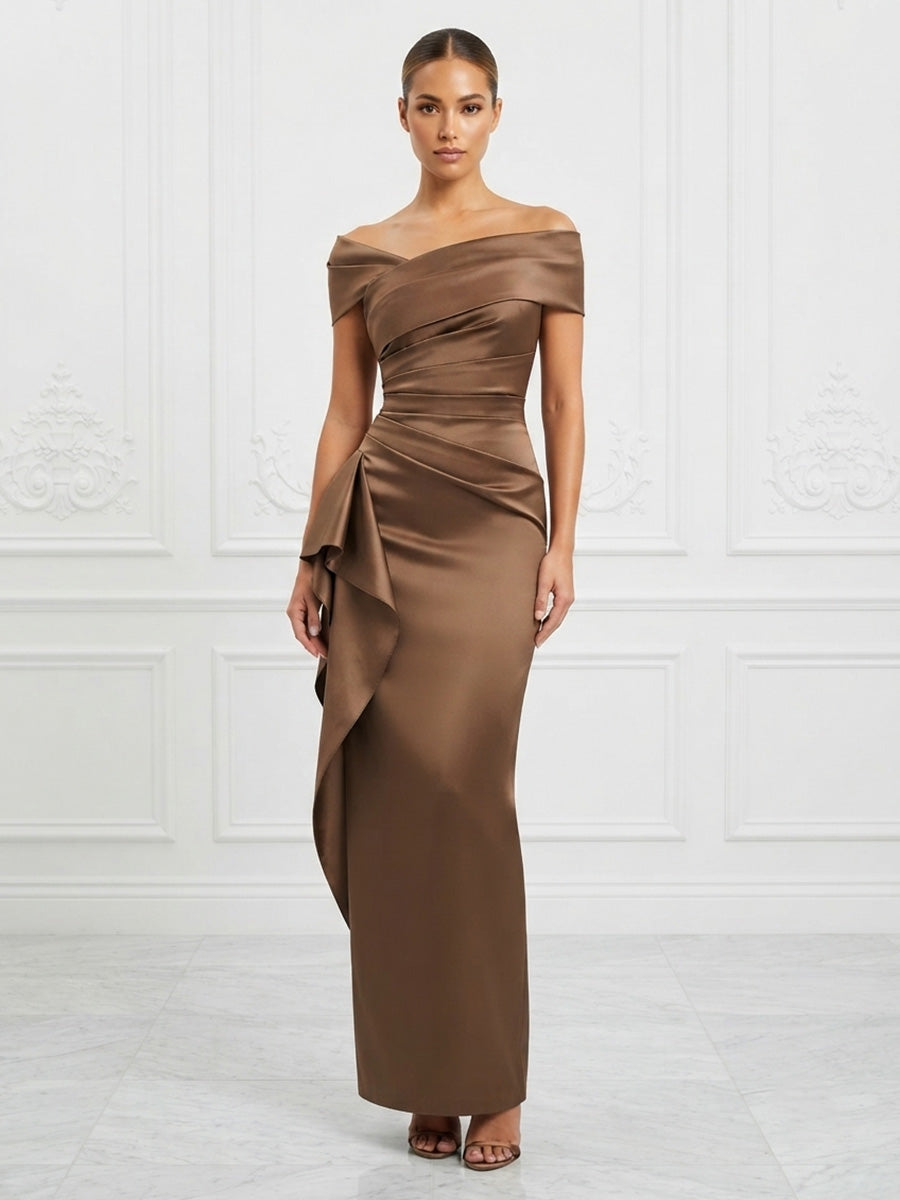 Satin Sheath/Column Off Shoulder Maxi Formal Dresses with Ruffles & Ruched Waist