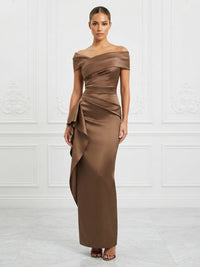 Satin Sheath/Column Off Shoulder Maxi Formal Dresses with Ruffles & Ruched Waist
