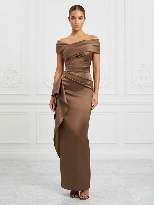 Satin Sheath/Column Off Shoulder Maxi Formal Dresses with Ruffles & Ruched Waist