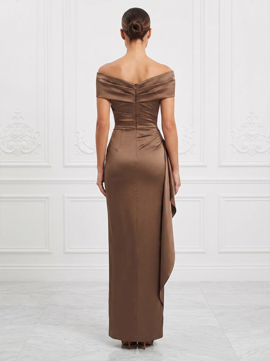 Satin Sheath/Column Off Shoulder Maxi Formal Dresses with Ruffles & Ruched Waist
