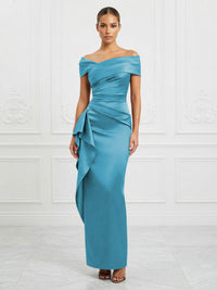 Satin Sheath/Column Off Shoulder Maxi Formal Dresses with Ruffles & Ruched Waist