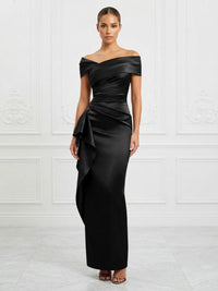 Satin Sheath/Column Off Shoulder Maxi Formal Dresses with Ruffles & Ruched Waist