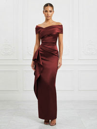 Satin Sheath/Column Off Shoulder Maxi Formal Dresses with Ruffles & Ruched Waist