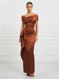 Satin Sheath/Column Off Shoulder Maxi Formal Dresses with Ruffles & Ruched Waist