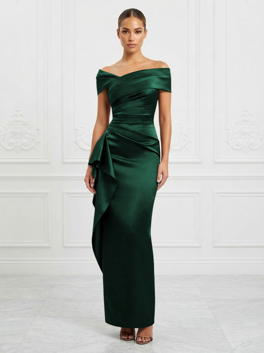 Satin Sheath/Column Off Shoulder Maxi Formal Dresses with Ruffles & Ruched Waist