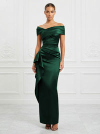 Satin Sheath/Column Off Shoulder Maxi Formal Dresses with Ruffles & Ruched Waist