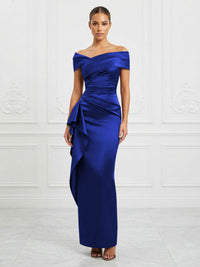 Satin Sheath/Column Off Shoulder Maxi Formal Dresses with Ruffles & Ruched Waist