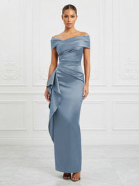 Satin Sheath/Column Off Shoulder Maxi Formal Dresses with Ruffles & Ruched Waist