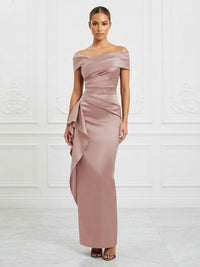 Satin Sheath/Column Off Shoulder Maxi Formal Dresses with Ruffles & Ruched Waist