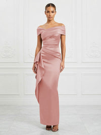Satin Sheath/Column Off Shoulder Maxi Formal Dresses with Ruffles & Ruched Waist