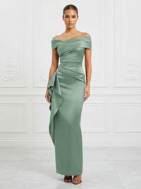 Satin Sheath/Column Off Shoulder Maxi Formal Dresses with Ruffles & Ruched Waist