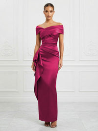 Satin Sheath/Column Off Shoulder Maxi Formal Dresses with Ruffles & Ruched Waist